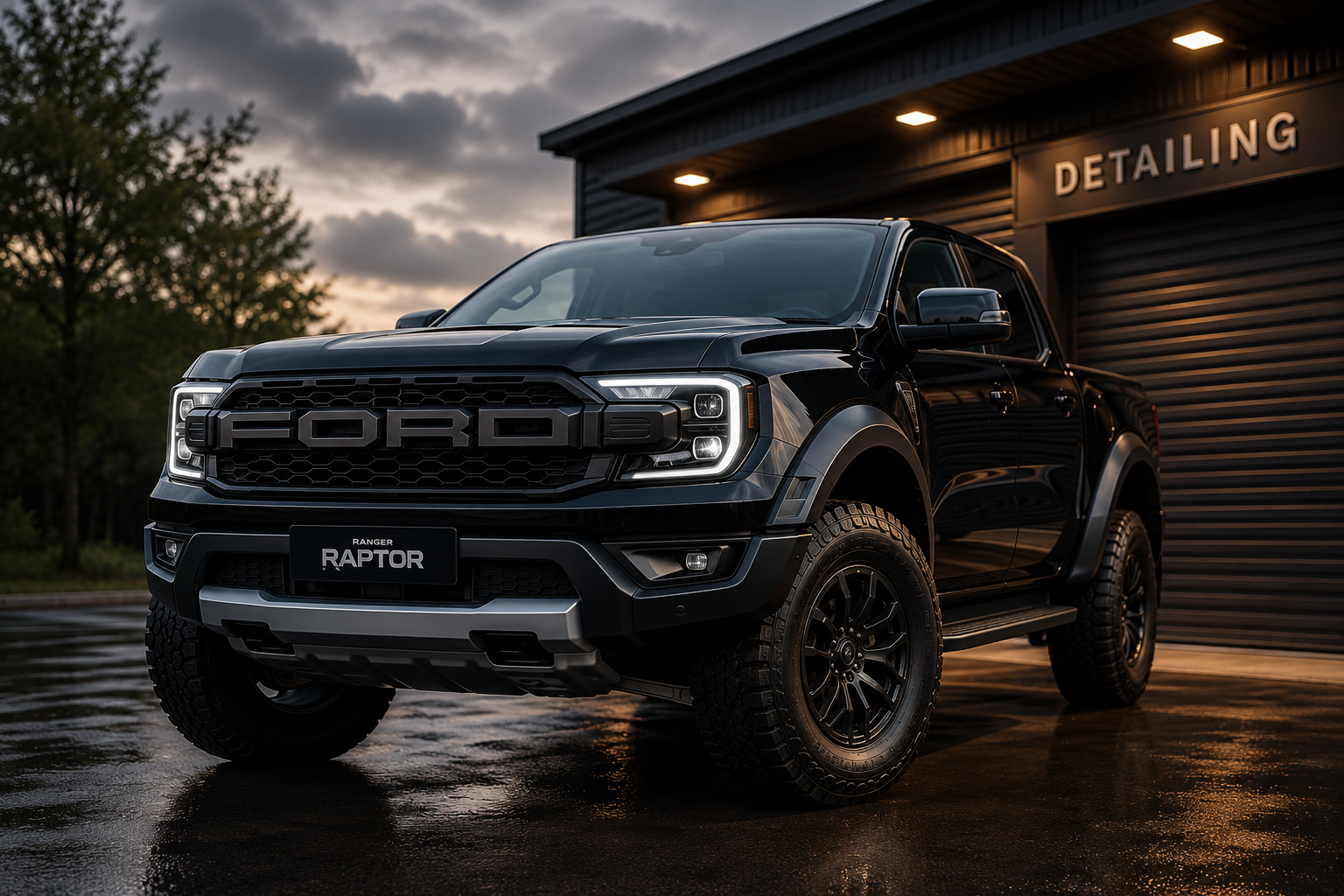 Brand new glossy black Ford Ranger Raptor freshly detailed at golden hour